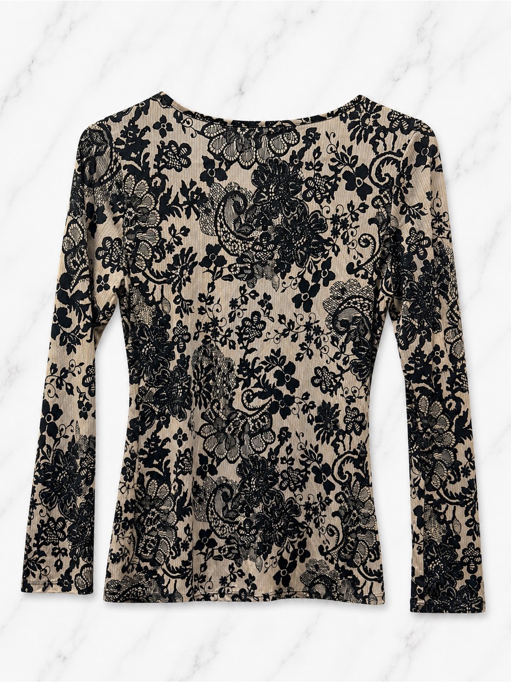 ⁠VENUS Ruched Front Lace Trim V-Neck Long Sleeve Top Black Nude Beige | Small - Picture 3 of 4